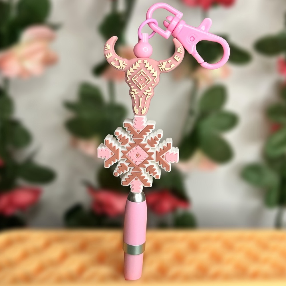 Western Winter Bull Skull & Snowflake Pink Handmade Beaded Keychain Pen